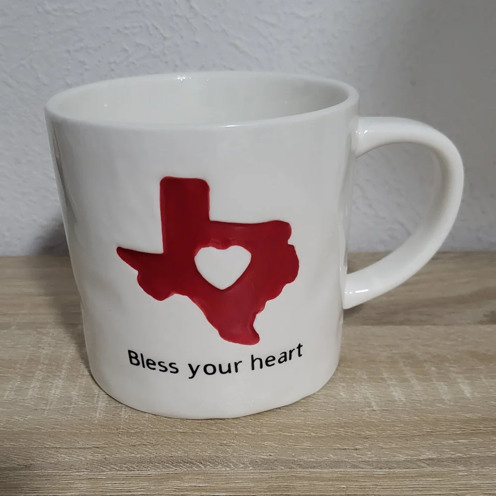 "Bless Your Heart" White and Red Texas Heart Ceramic Mug - Picture 1 of 1